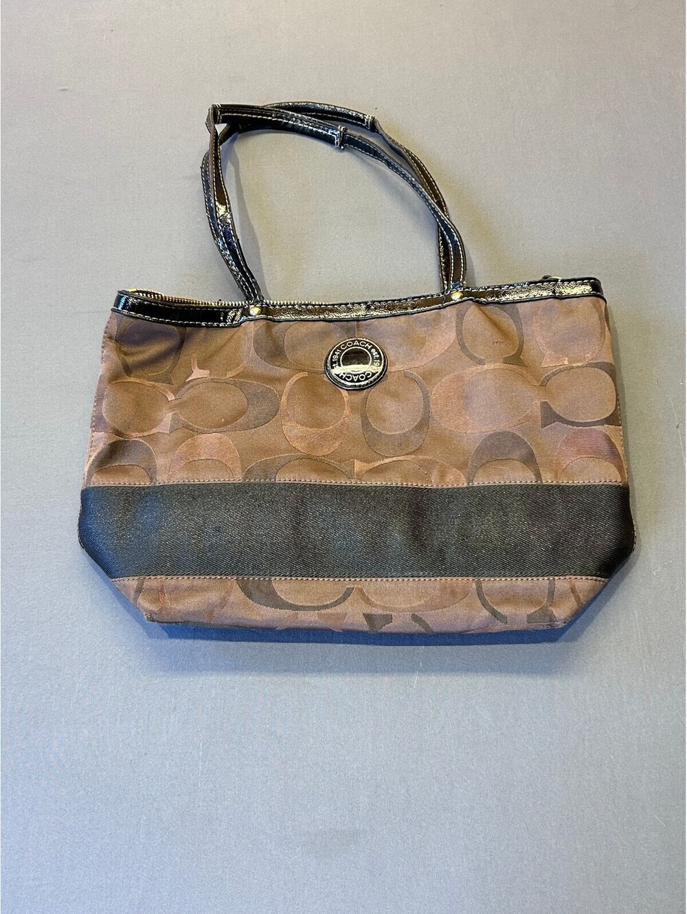 Coach Brown Signature Canvas Tote Bag with Black Leather Trim